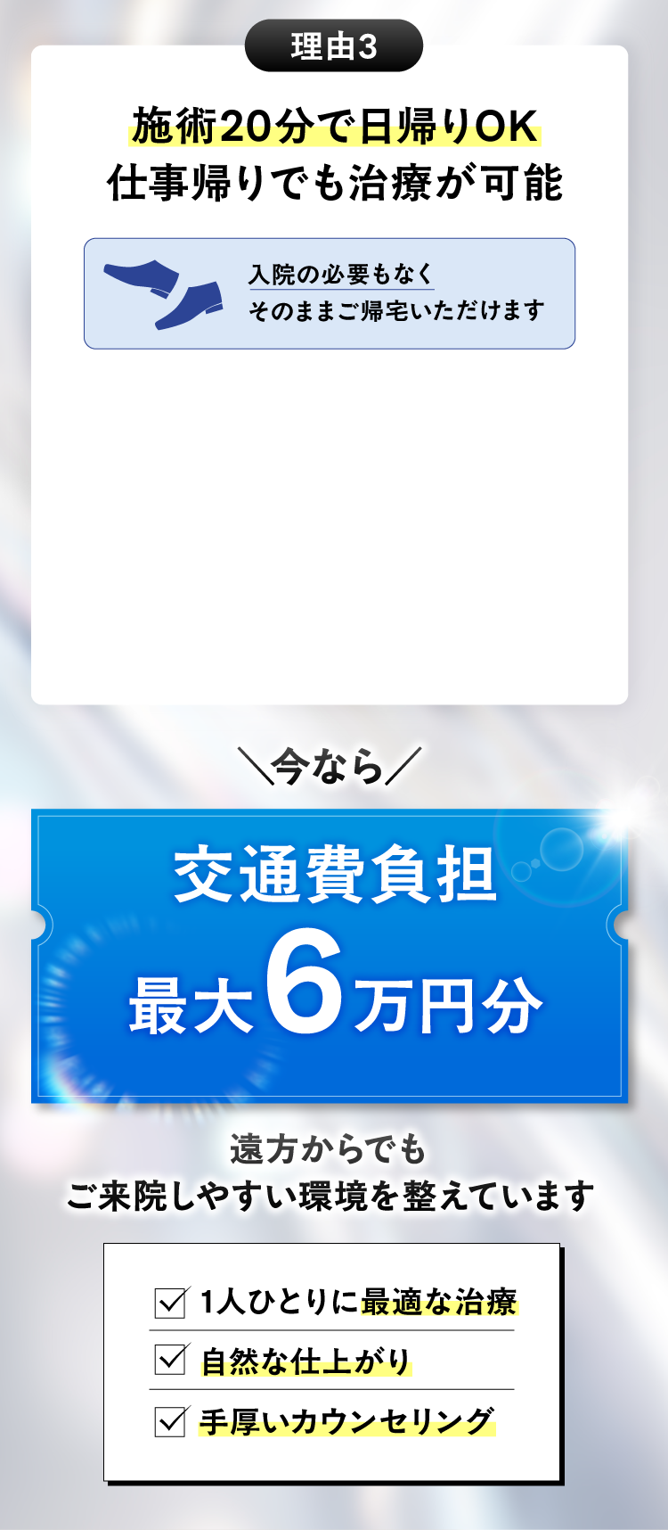 施術20分で日帰りOK 交通費負担最大6万円